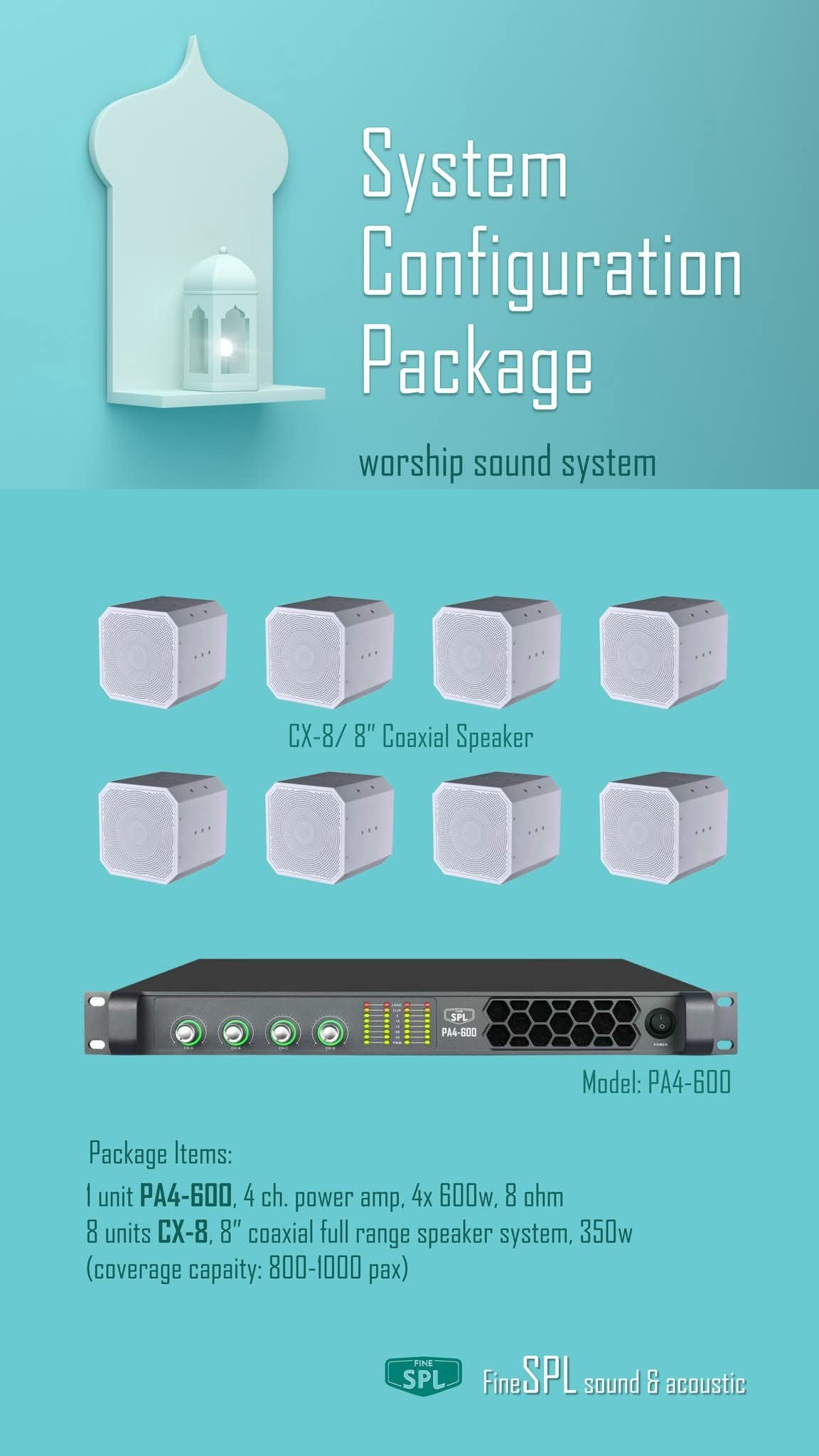 FineSPL CX-8 worship sound system package — eight 8-inch coaxial speakers with a PA4-600 four-channel power amplifier