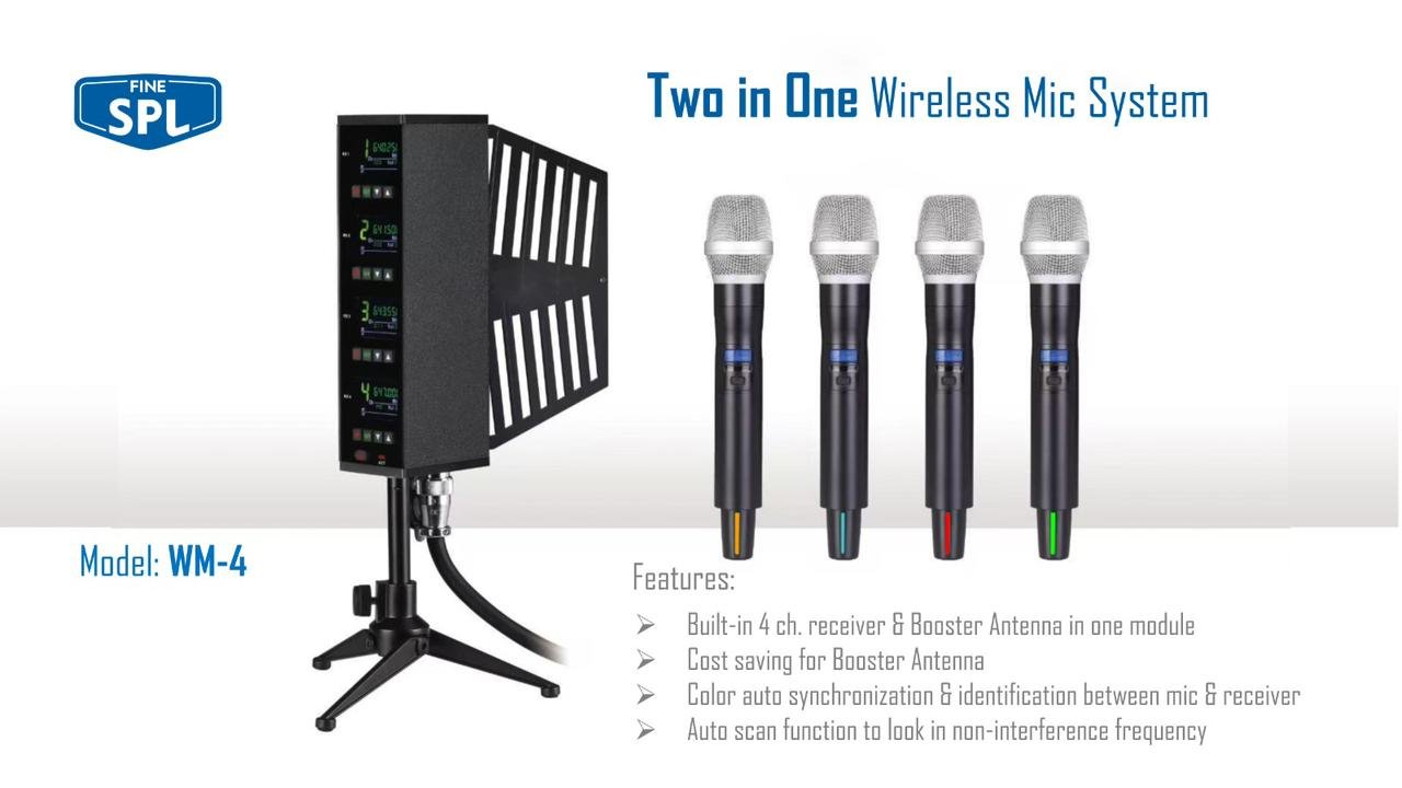 FineSPL WM-4 two-in-one wireless microphone system — a four-channel receiver module with booster antenna and four handheld microphones